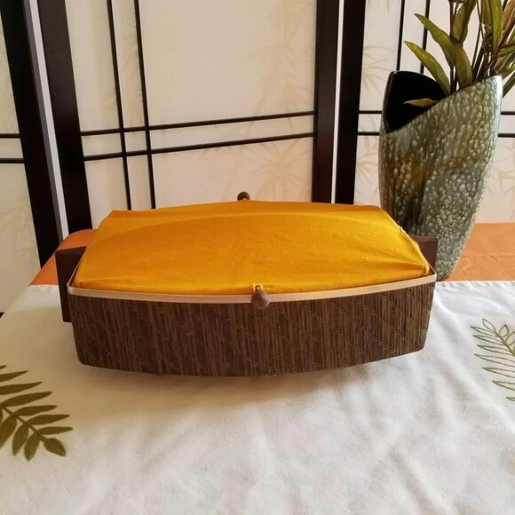 MCM Salton Hotray Electric Bun Warmer/Server - Teak w/Saffron Fabric - Works! - Picture 1 of 5